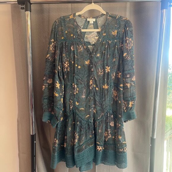 Sundance Blue Floral PETITE MEDIUM Long Sleeve Button Front Sheer Dress NWOT 349 - Picture 1 of 2